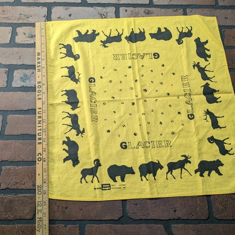 Vintage 1992 Konya Designs Glacier National Park Yellow Cotton Bandana Scarf